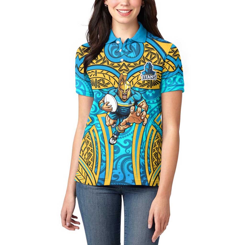 Gold Coast Titans Rugby Women Polo Shirt Polynesian Tribal Spartan Warrior Blue Gold Pattern