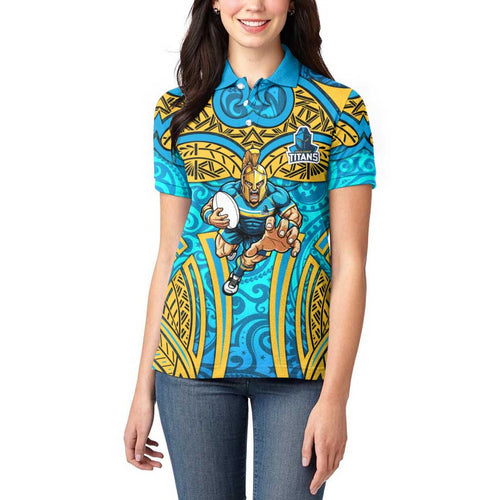 Gold Coast Titans Rugby Women Polo Shirt Polynesian Tribal Spartan Warrior Blue Gold Pattern