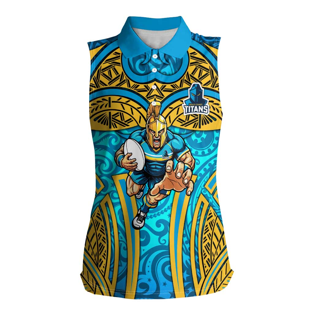 Gold Coast Titans Rugby Women Sleeveless Polo Shirt Polynesian Tribal Spartan Warrior Blue Gold Pattern