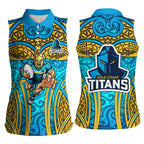 Gold Coast Titans Rugby Women Sleeveless Polo Shirt Polynesian Tribal Spartan Warrior Blue Gold Pattern