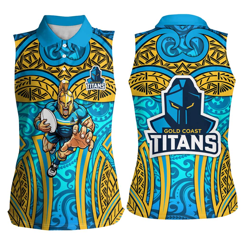 Gold Coast Titans Rugby Women Sleeveless Polo Shirt Polynesian Tribal Spartan Warrior Blue Gold Pattern