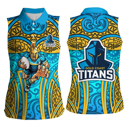 Gold Coast Titans Rugby Women Sleeveless Polo Shirt Polynesian Tribal Spartan Warrior Blue Gold Pattern