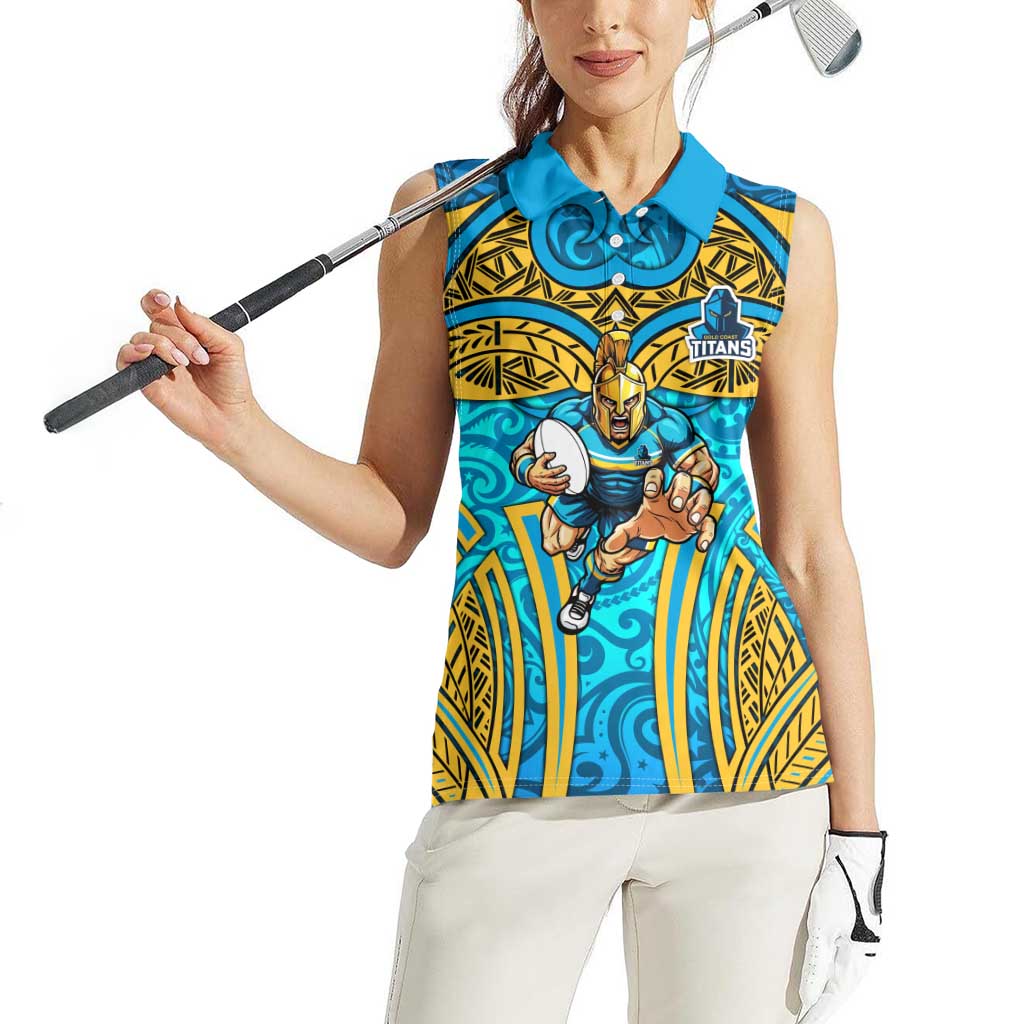 Gold Coast Titans Rugby Women Sleeveless Polo Shirt Polynesian Tribal Spartan Warrior Blue Gold Pattern