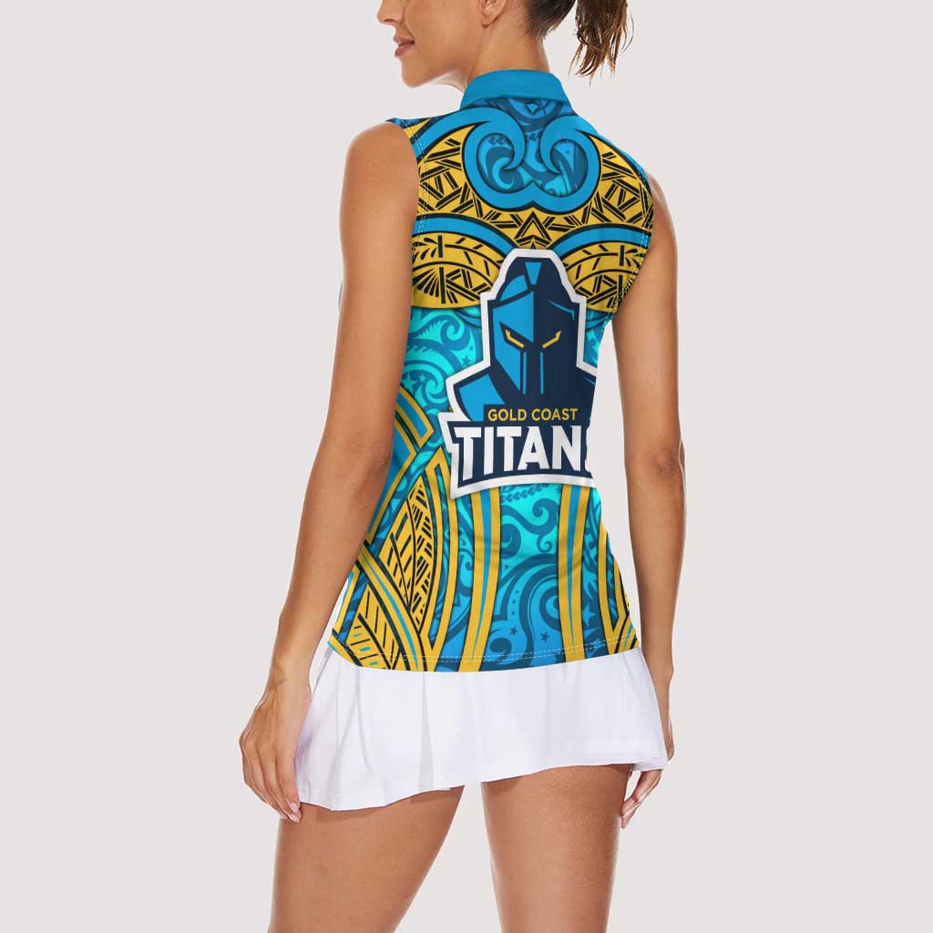Gold Coast Titans Rugby Women Sleeveless Polo Shirt Polynesian Tribal Spartan Warrior Blue Gold Pattern