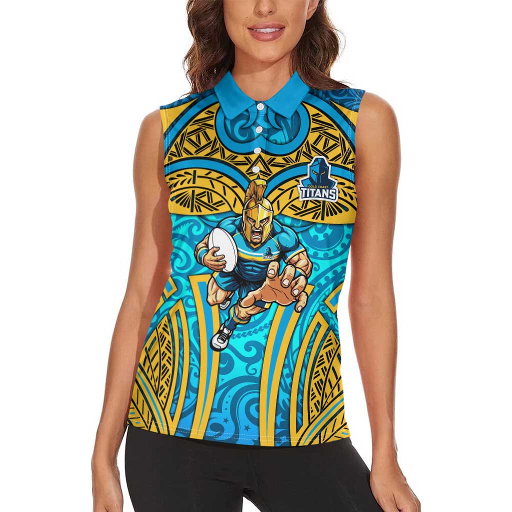 Gold Coast Titans Rugby Women Sleeveless Polo Shirt Polynesian Tribal Spartan Warrior Blue Gold Pattern
