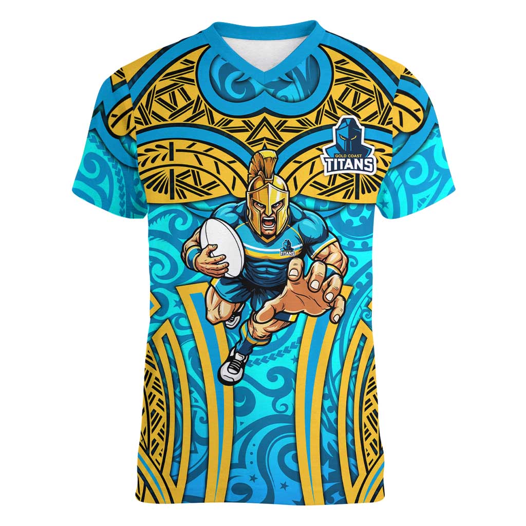 Gold Coast Titans Rugby Women V-Neck T-Shirt Polynesian Tribal Spartan Warrior Blue Gold Pattern