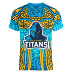 Gold Coast Titans Rugby Women V-Neck T-Shirt Polynesian Tribal Spartan Warrior Blue Gold Pattern