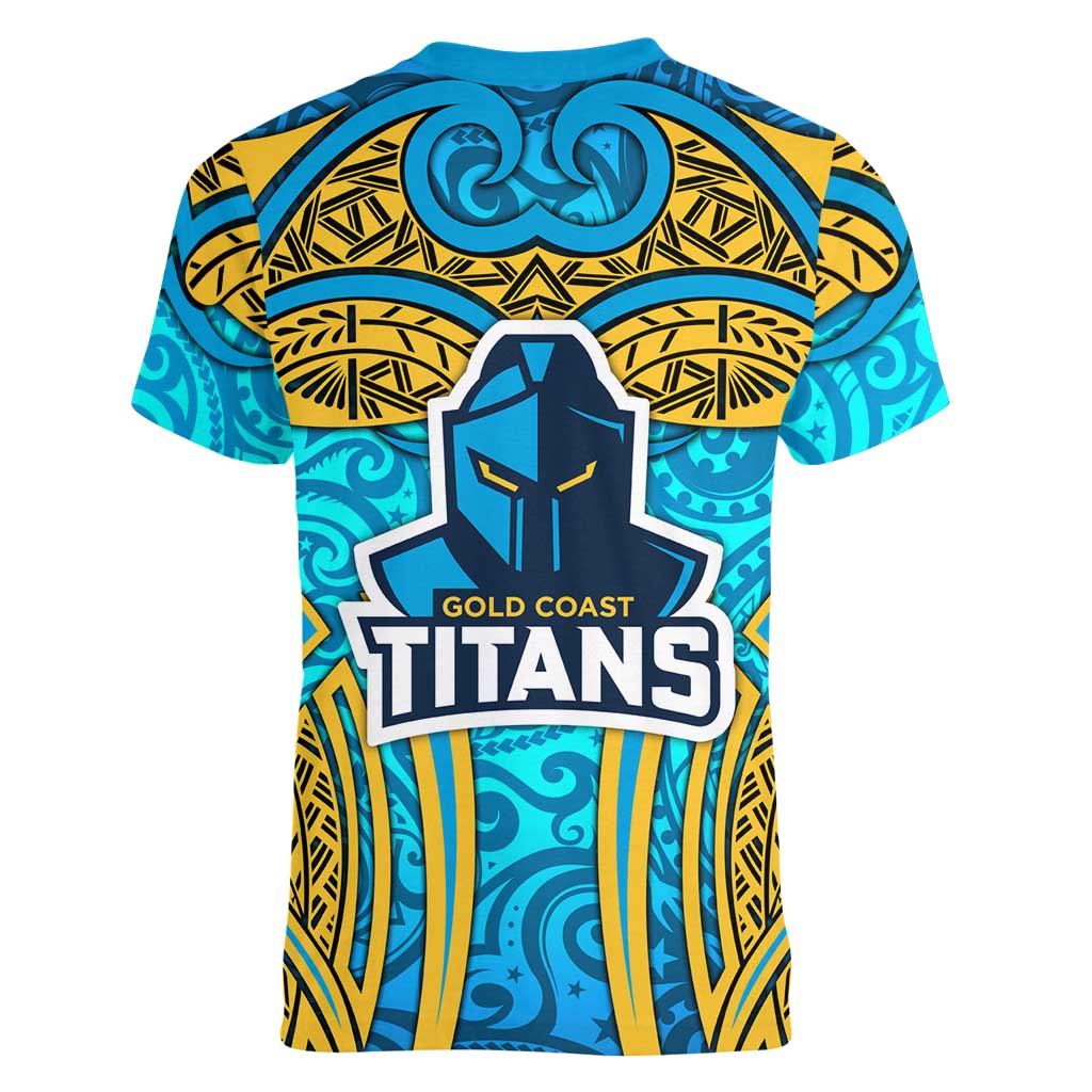 Gold Coast Titans Rugby Women V-Neck T-Shirt Polynesian Tribal Spartan Warrior Blue Gold Pattern