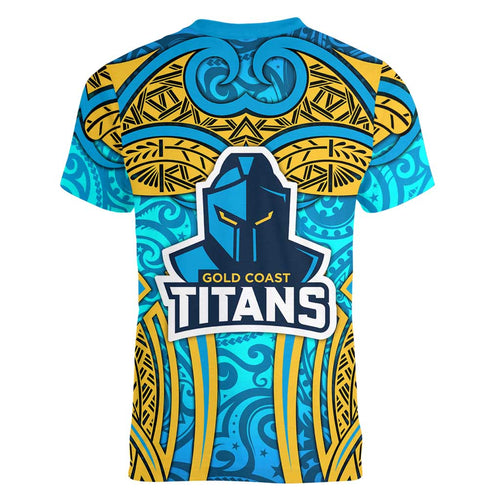 Gold Coast Titans Rugby Women V-Neck T-Shirt Polynesian Tribal Spartan Warrior Blue Gold Pattern