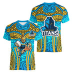 Gold Coast Titans Rugby Women V-Neck T-Shirt Polynesian Tribal Spartan Warrior Blue Gold Pattern