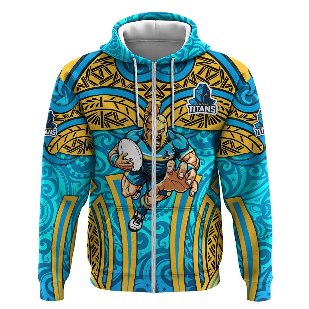 Gold Coast Titans Rugby Zip Hoodie Polynesian Tribal Spartan Warrior Blue Gold Pattern