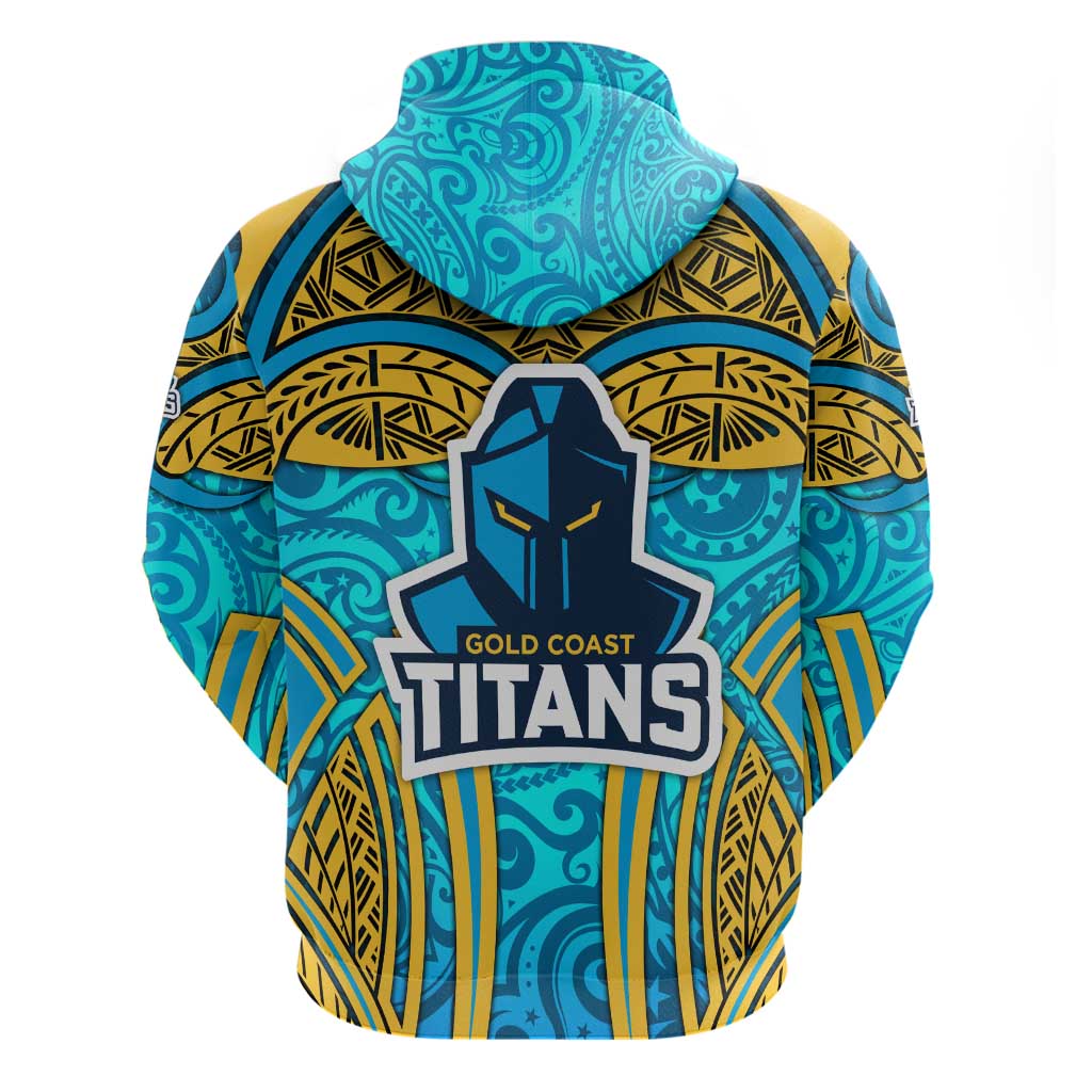 Gold Coast Titans Rugby Zip Hoodie Polynesian Tribal Spartan Warrior Blue Gold Pattern