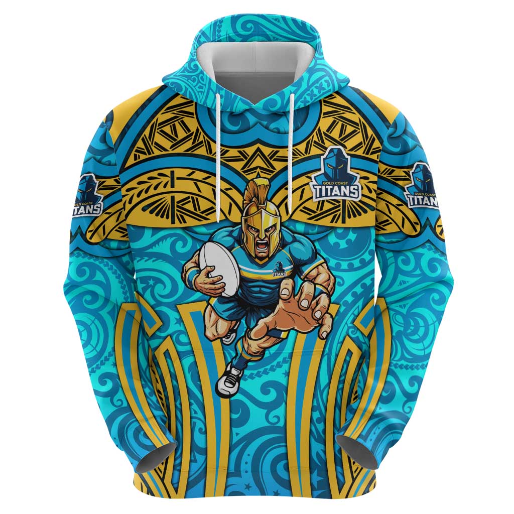 Gold Coast Titans Rugby Zip Hoodie Polynesian Tribal Spartan Warrior Blue Gold Pattern