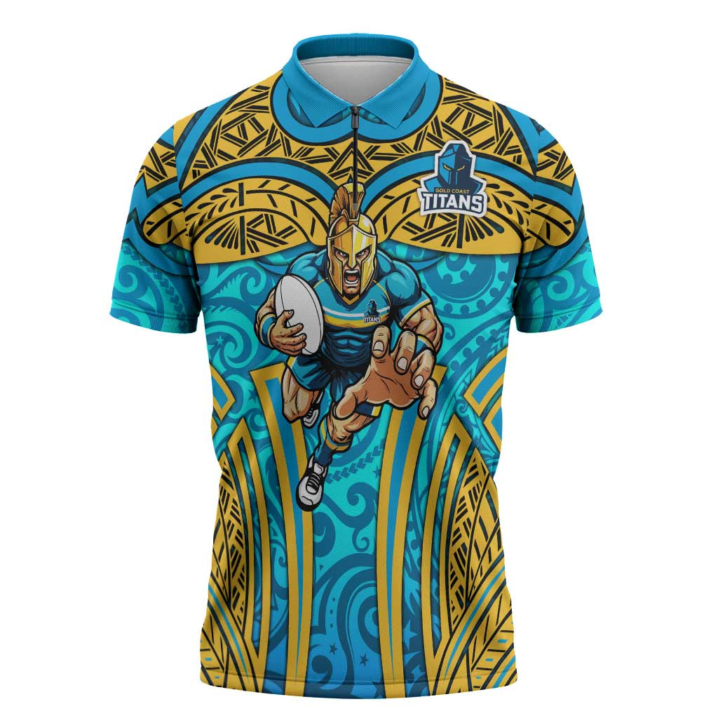 Gold Coast Titans Rugby Zipper Polo Shirt Polynesian Tribal Spartan Warrior Blue Gold Pattern