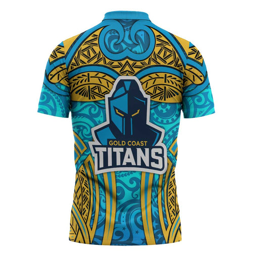 Gold Coast Titans Rugby Zipper Polo Shirt Polynesian Tribal Spartan Warrior Blue Gold Pattern