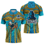 Gold Coast Titans Rugby Zipper Polo Shirt Polynesian Tribal Spartan Warrior Blue Gold Pattern
