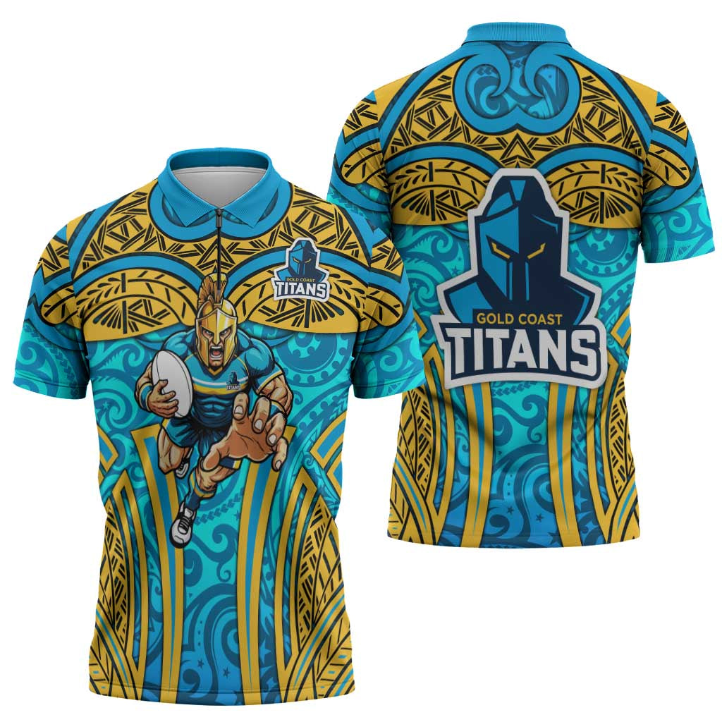 Gold Coast Titans Rugby Zipper Polo Shirt Polynesian Tribal Spartan Warrior Blue Gold Pattern