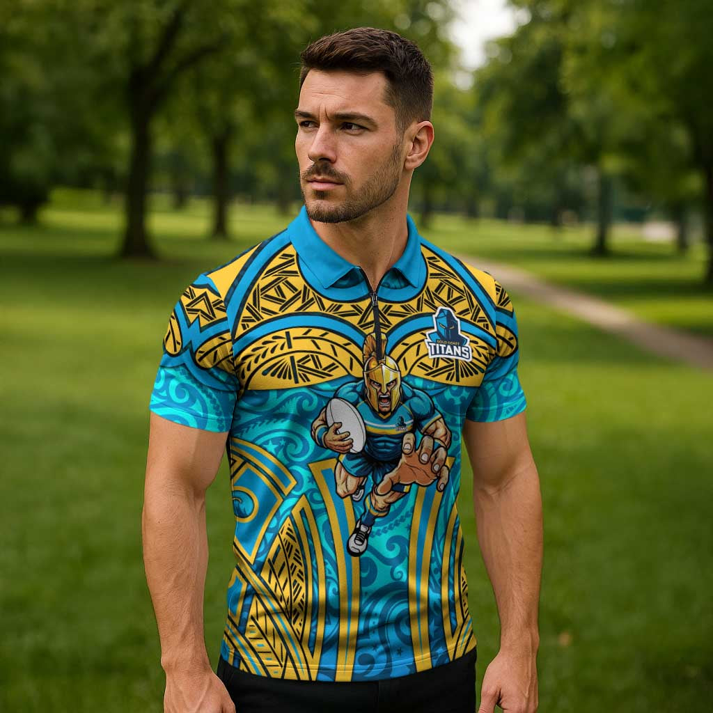 Gold Coast Titans Rugby Zipper Polo Shirt Polynesian Tribal Spartan Warrior Blue Gold Pattern
