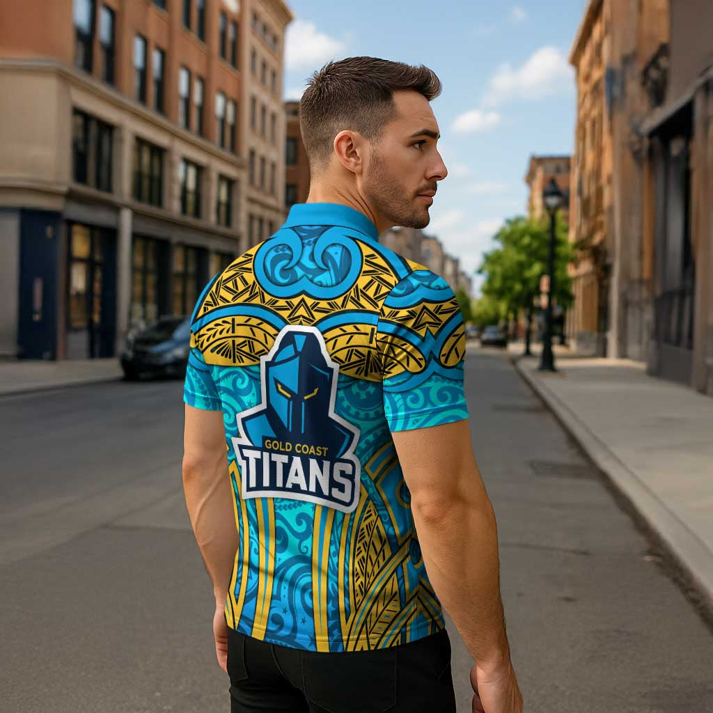 Gold Coast Titans Rugby Zipper Polo Shirt Polynesian Tribal Spartan Warrior Blue Gold Pattern