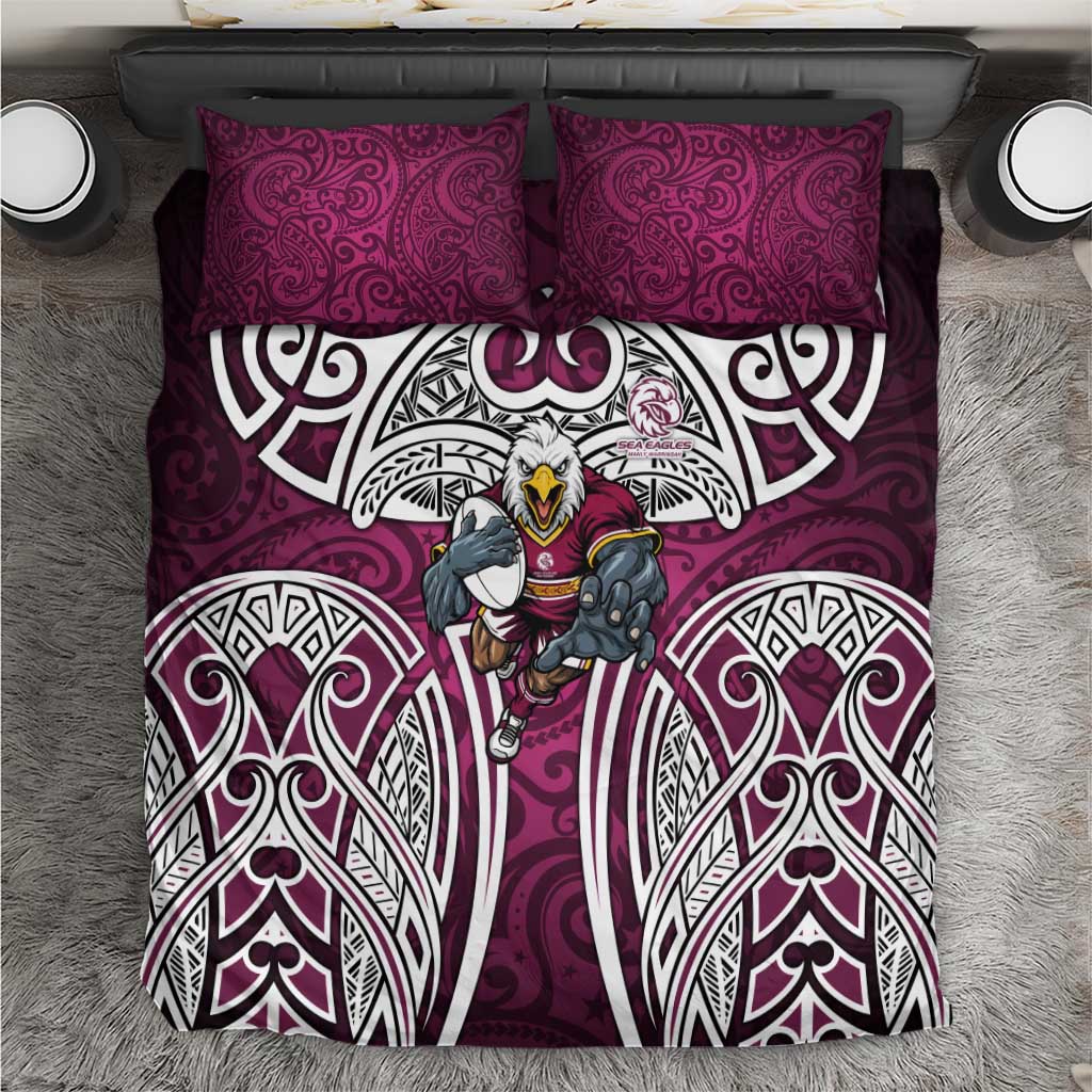 Manly Warringah Sea Eagles Rugby Bedding Set Polynesian Tribal Eagle Warrior Maroon Pattern