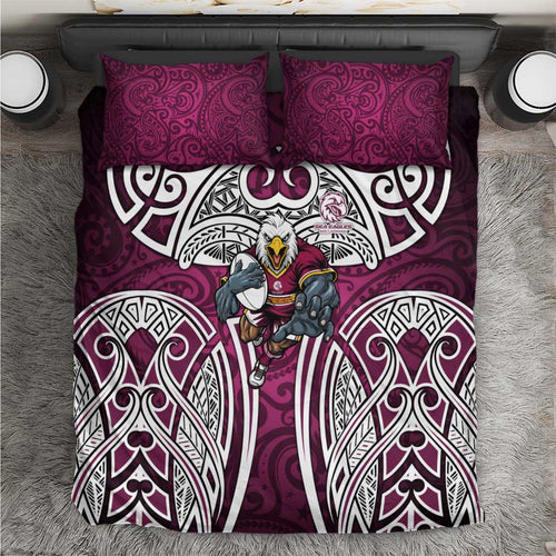 Manly Warringah Sea Eagles Rugby Bedding Set Polynesian Tribal Eagle Warrior Maroon Pattern