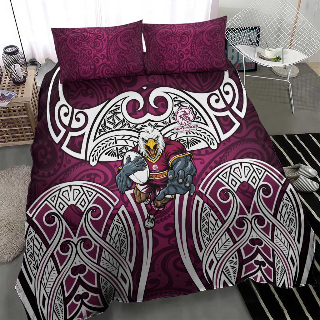 Manly Warringah Sea Eagles Rugby Bedding Set Polynesian Tribal Eagle Warrior Maroon Pattern