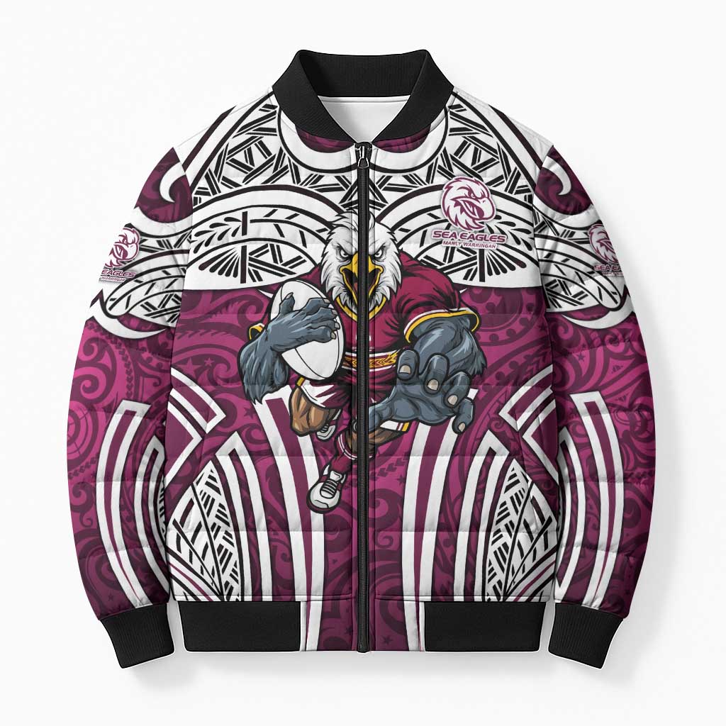 Manly Warringah Sea Eagles Rugby Bomber Puffer Jacket Polynesian Tribal Eagle Warrior Maroon Pattern