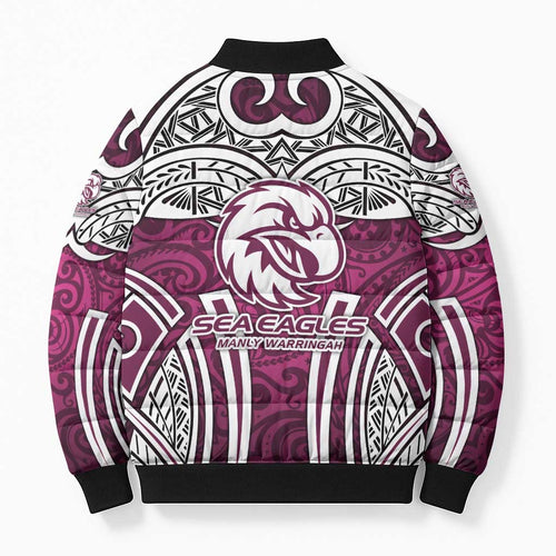 Manly Warringah Sea Eagles Rugby Bomber Puffer Jacket Polynesian Tribal Eagle Warrior Maroon Pattern