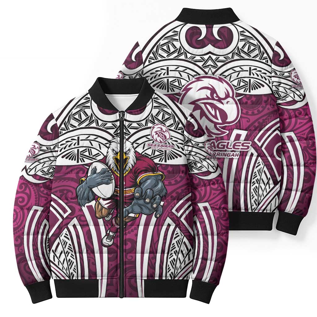 Manly Warringah Sea Eagles Rugby Bomber Puffer Jacket Polynesian Tribal Eagle Warrior Maroon Pattern