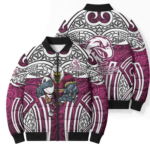 Manly Warringah Sea Eagles Rugby Bomber Puffer Jacket Polynesian Tribal Eagle Warrior Maroon Pattern