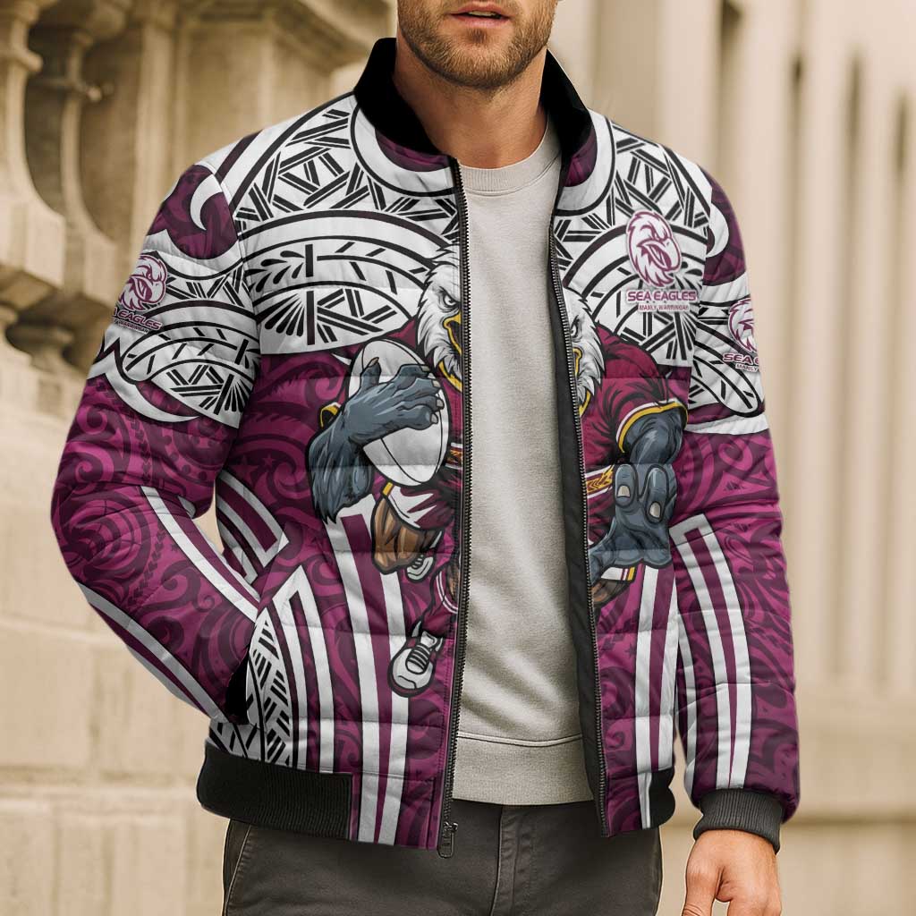 Manly Warringah Sea Eagles Rugby Bomber Puffer Jacket Polynesian Tribal Eagle Warrior Maroon Pattern
