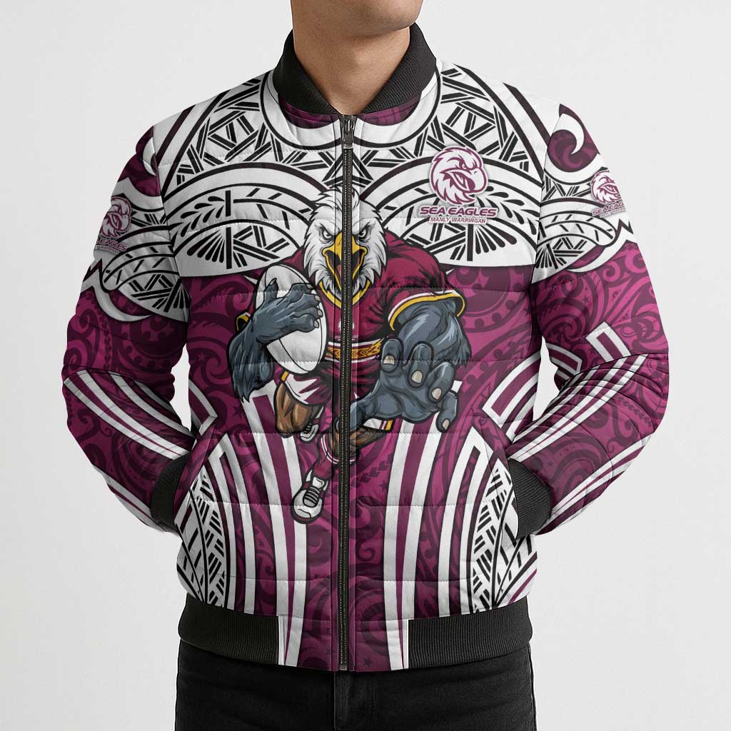Manly Warringah Sea Eagles Rugby Bomber Puffer Jacket Polynesian Tribal Eagle Warrior Maroon Pattern