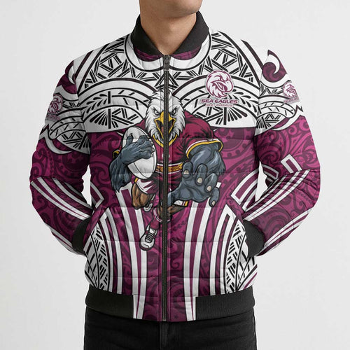 Manly Warringah Sea Eagles Rugby Bomber Puffer Jacket Polynesian Tribal Eagle Warrior Maroon Pattern