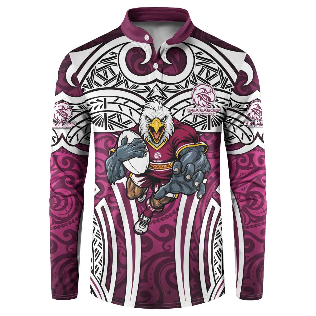 Manly Warringah Sea Eagles Rugby Button Sweatshirt Polynesian Tribal Eagle Warrior Maroon Pattern