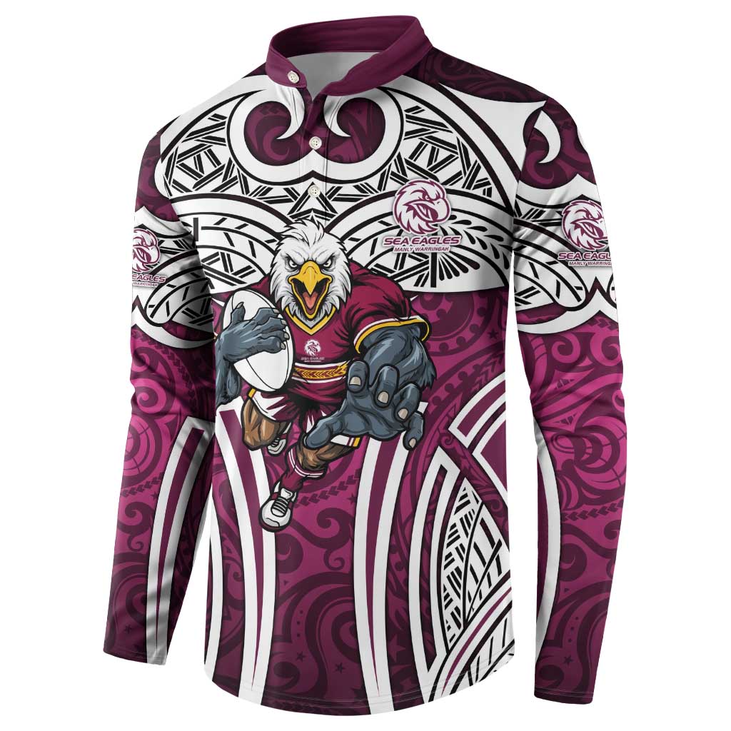 Manly Warringah Sea Eagles Rugby Button Sweatshirt Polynesian Tribal Eagle Warrior Maroon Pattern