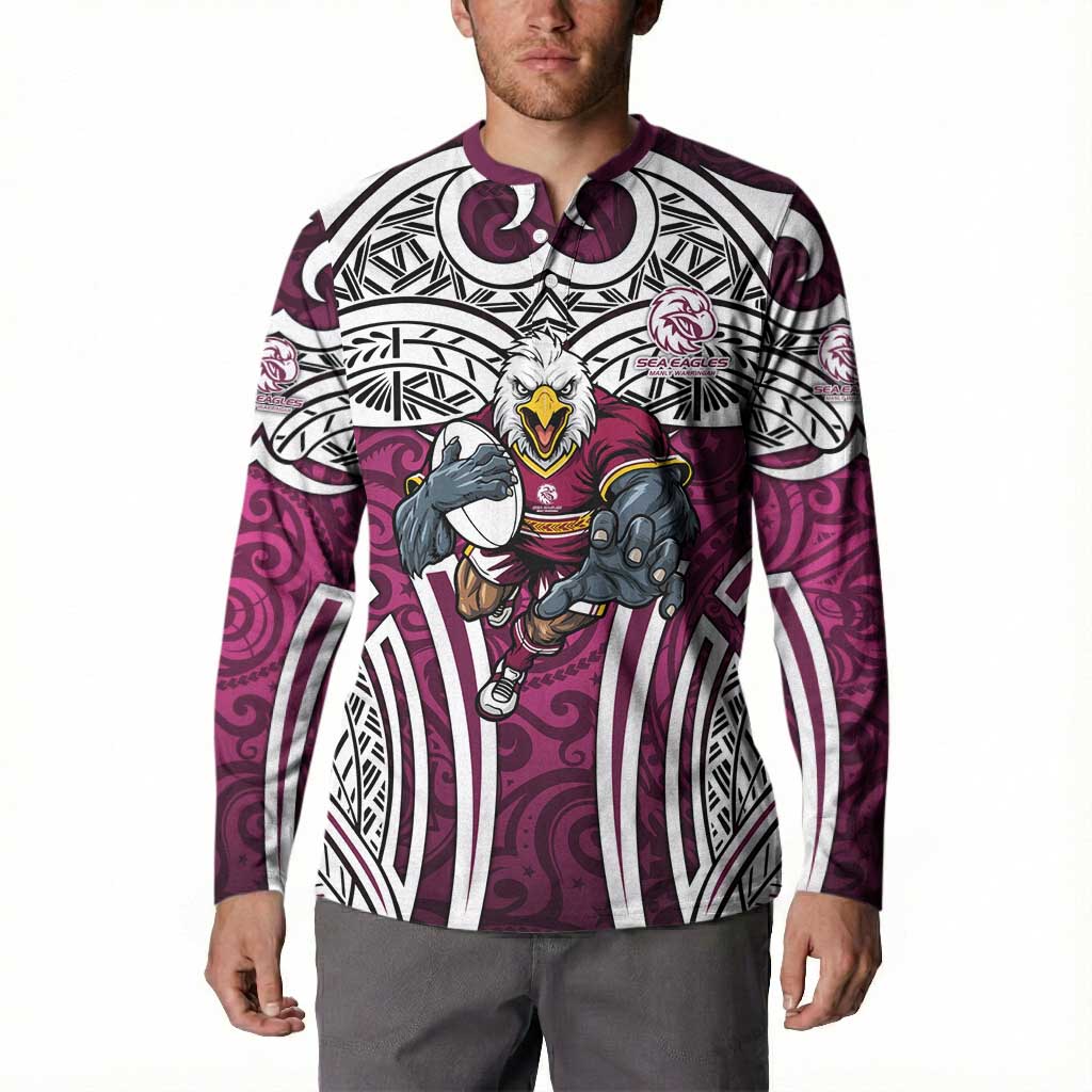 Manly Warringah Sea Eagles Rugby Button Sweatshirt Polynesian Tribal Eagle Warrior Maroon Pattern