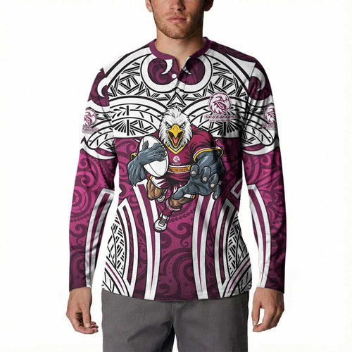 Manly Warringah Sea Eagles Rugby Button Sweatshirt Polynesian Tribal Eagle Warrior Maroon Pattern
