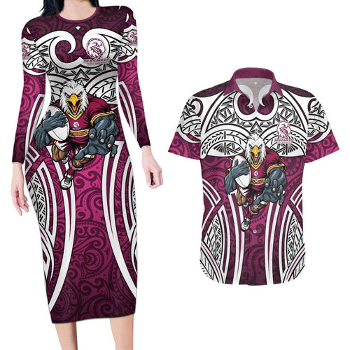 Manly Warringah Sea Eagles Rugby Couples Matching Long Sleeve Bodycon Dress and Hawaiian Shirt Polynesian Tribal Eagle Warrior Maroon Pattern