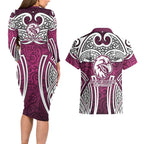 Manly Warringah Sea Eagles Rugby Couples Matching Long Sleeve Bodycon Dress and Hawaiian Shirt Polynesian Tribal Eagle Warrior Maroon Pattern