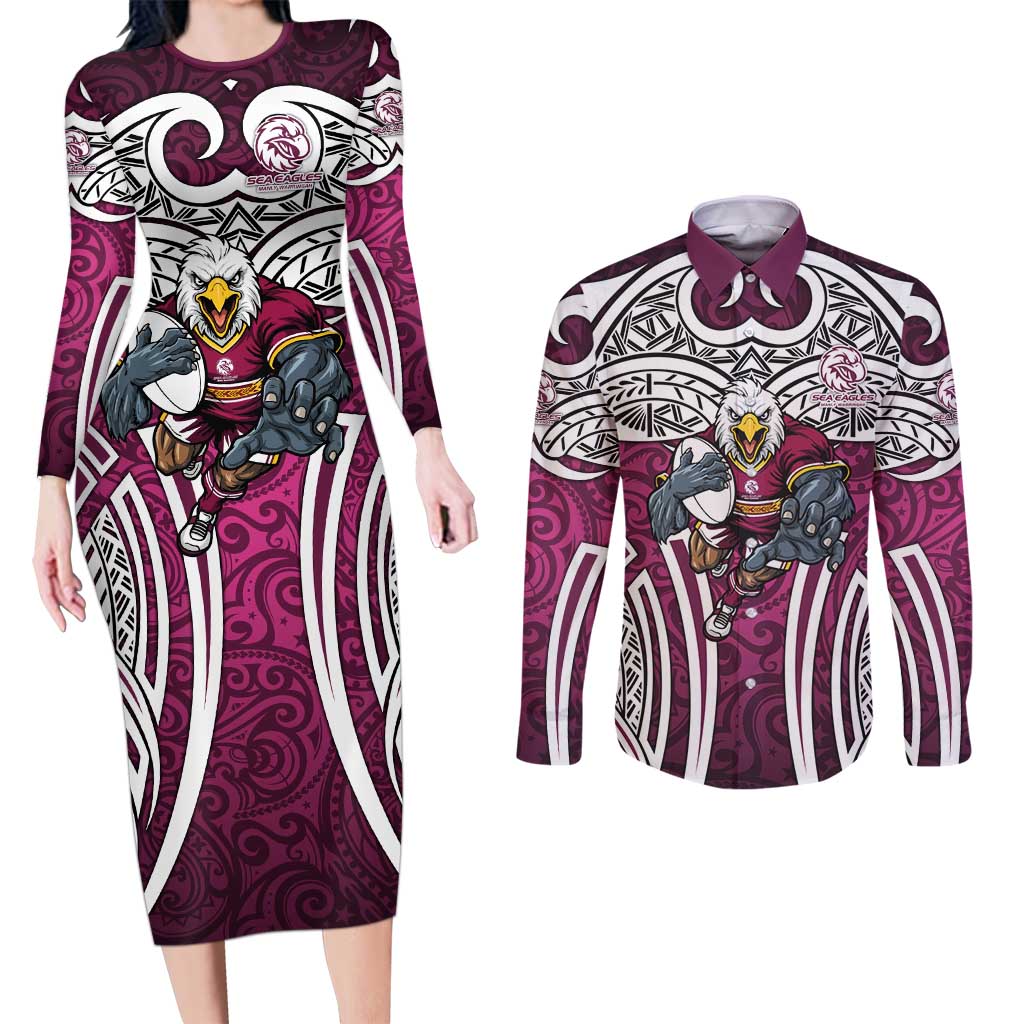 Manly Warringah Sea Eagles Rugby Couples Matching Long Sleeve Bodycon Dress and Long Sleeve Button Shirt Polynesian Tribal Eagle Warrior Maroon Pattern