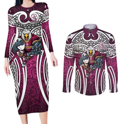 Manly Warringah Sea Eagles Rugby Couples Matching Long Sleeve Bodycon Dress and Long Sleeve Button Shirt Polynesian Tribal Eagle Warrior Maroon Pattern