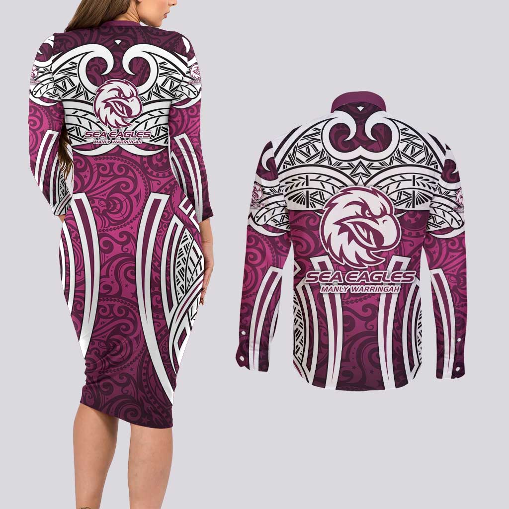 Manly Warringah Sea Eagles Rugby Couples Matching Long Sleeve Bodycon Dress and Long Sleeve Button Shirt Polynesian Tribal Eagle Warrior Maroon Pattern