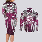 Manly Warringah Sea Eagles Rugby Couples Matching Long Sleeve Bodycon Dress and Long Sleeve Button Shirt Polynesian Tribal Eagle Warrior Maroon Pattern
