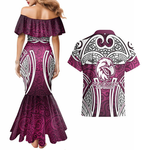 Manly Warringah Sea Eagles Rugby Couples Matching Mermaid Dress and Hawaiian Shirt Polynesian Tribal Eagle Warrior Maroon Pattern