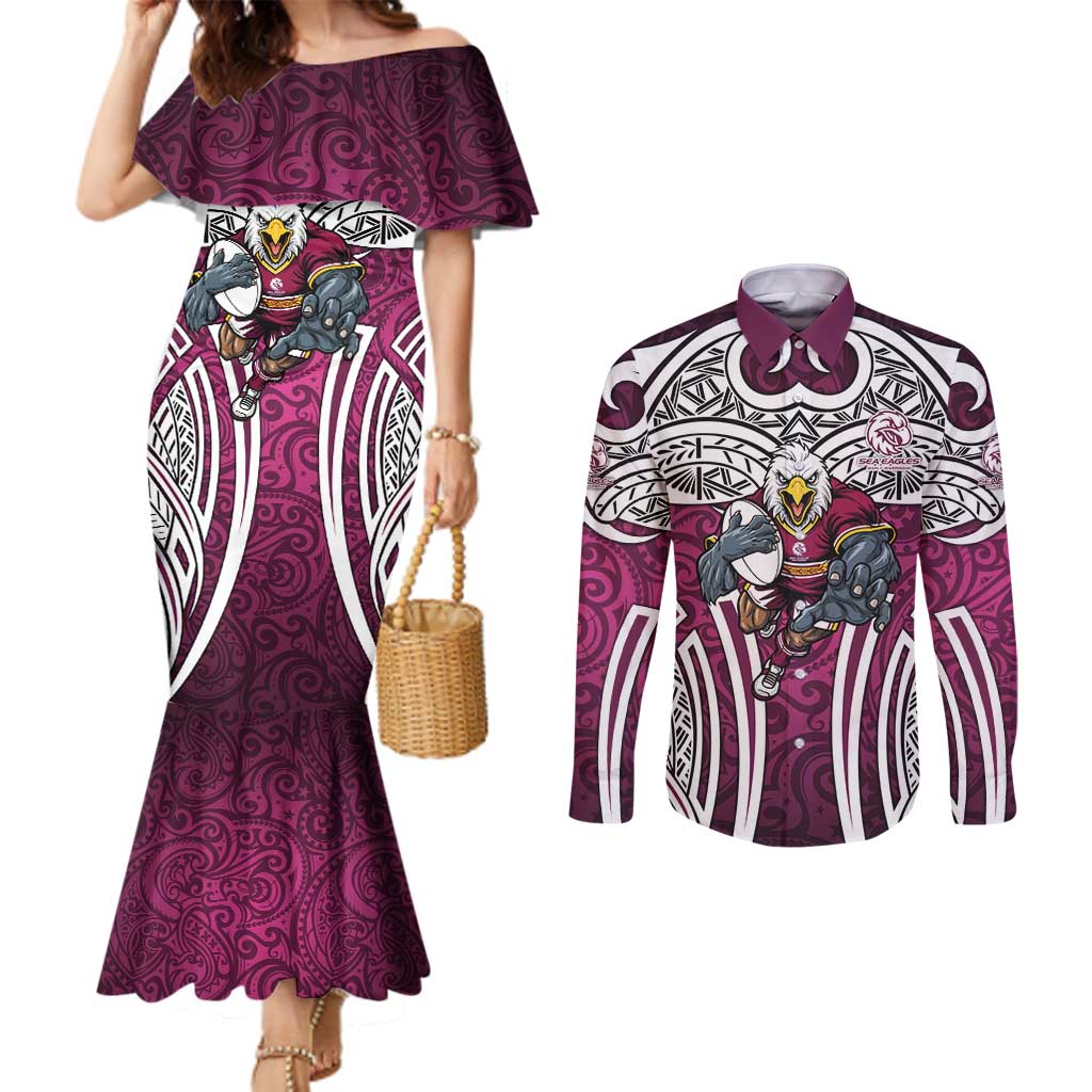 Manly Warringah Sea Eagles Rugby Couples Matching Mermaid Dress and Long Sleeve Button Shirt Polynesian Tribal Eagle Warrior Maroon Pattern