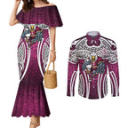 Manly Warringah Sea Eagles Rugby Couples Matching Mermaid Dress and Long Sleeve Button Shirt Polynesian Tribal Eagle Warrior Maroon Pattern