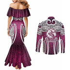 Manly Warringah Sea Eagles Rugby Couples Matching Mermaid Dress and Long Sleeve Button Shirt Polynesian Tribal Eagle Warrior Maroon Pattern