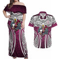 Manly Warringah Sea Eagles Rugby Couples Matching Off Shoulder Maxi Dress and Hawaiian Shirt Polynesian Tribal Eagle Warrior Maroon Pattern