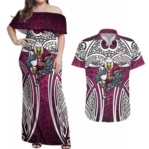 Manly Warringah Sea Eagles Rugby Couples Matching Off Shoulder Maxi Dress and Hawaiian Shirt Polynesian Tribal Eagle Warrior Maroon Pattern