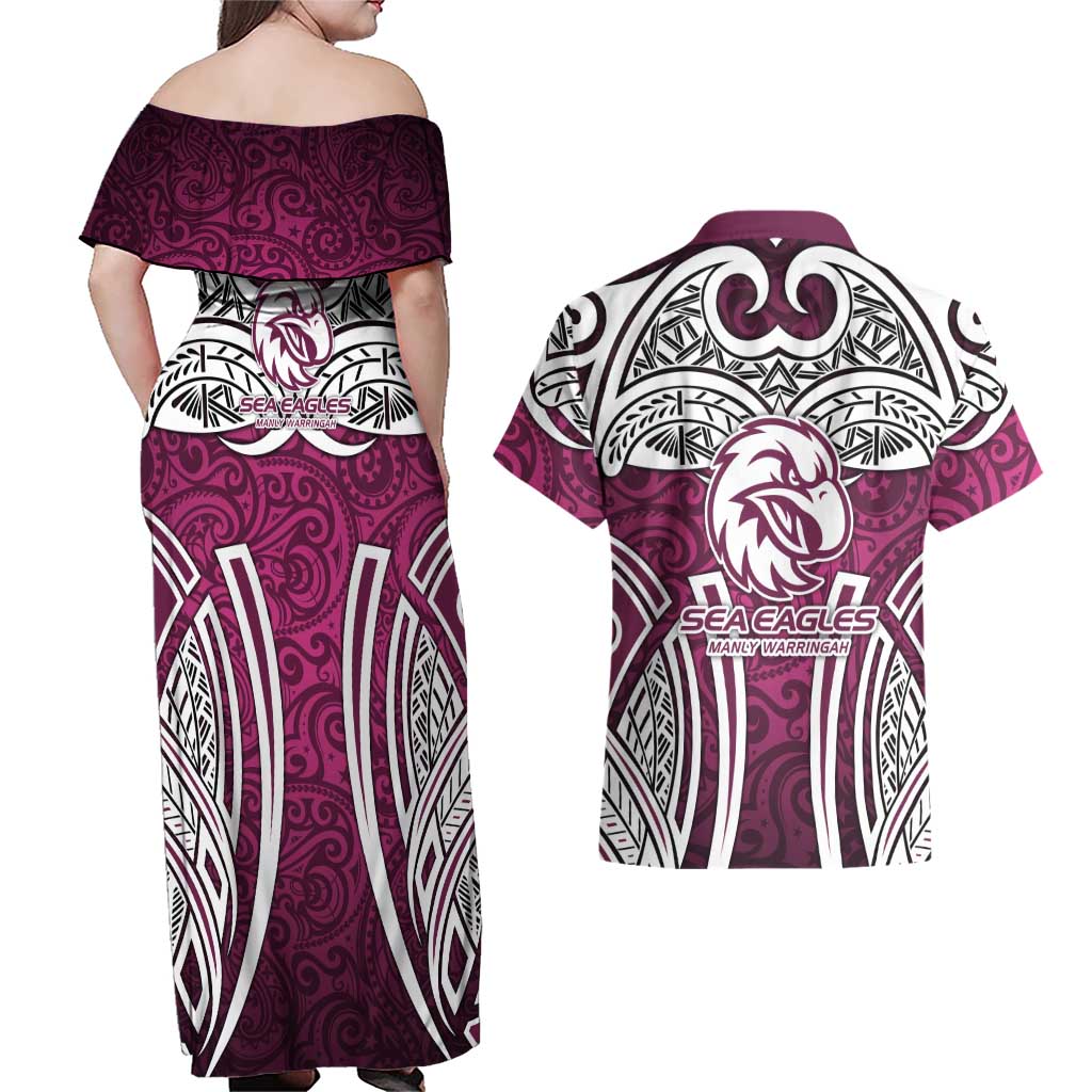 Manly Warringah Sea Eagles Rugby Couples Matching Off Shoulder Maxi Dress and Hawaiian Shirt Polynesian Tribal Eagle Warrior Maroon Pattern